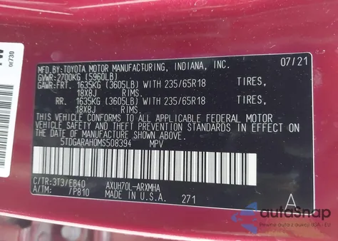 2021 Toyota Highlander Hybrid Xle z USA, uszkodzony, nr VIN 5TDGARAH0MS508394